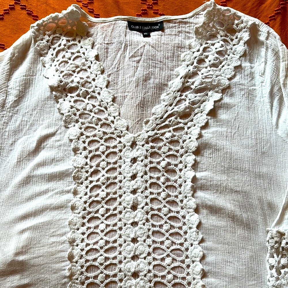 Boho Tunic with Embroidery details, white Beach Coverup - Picture 2 of 11
